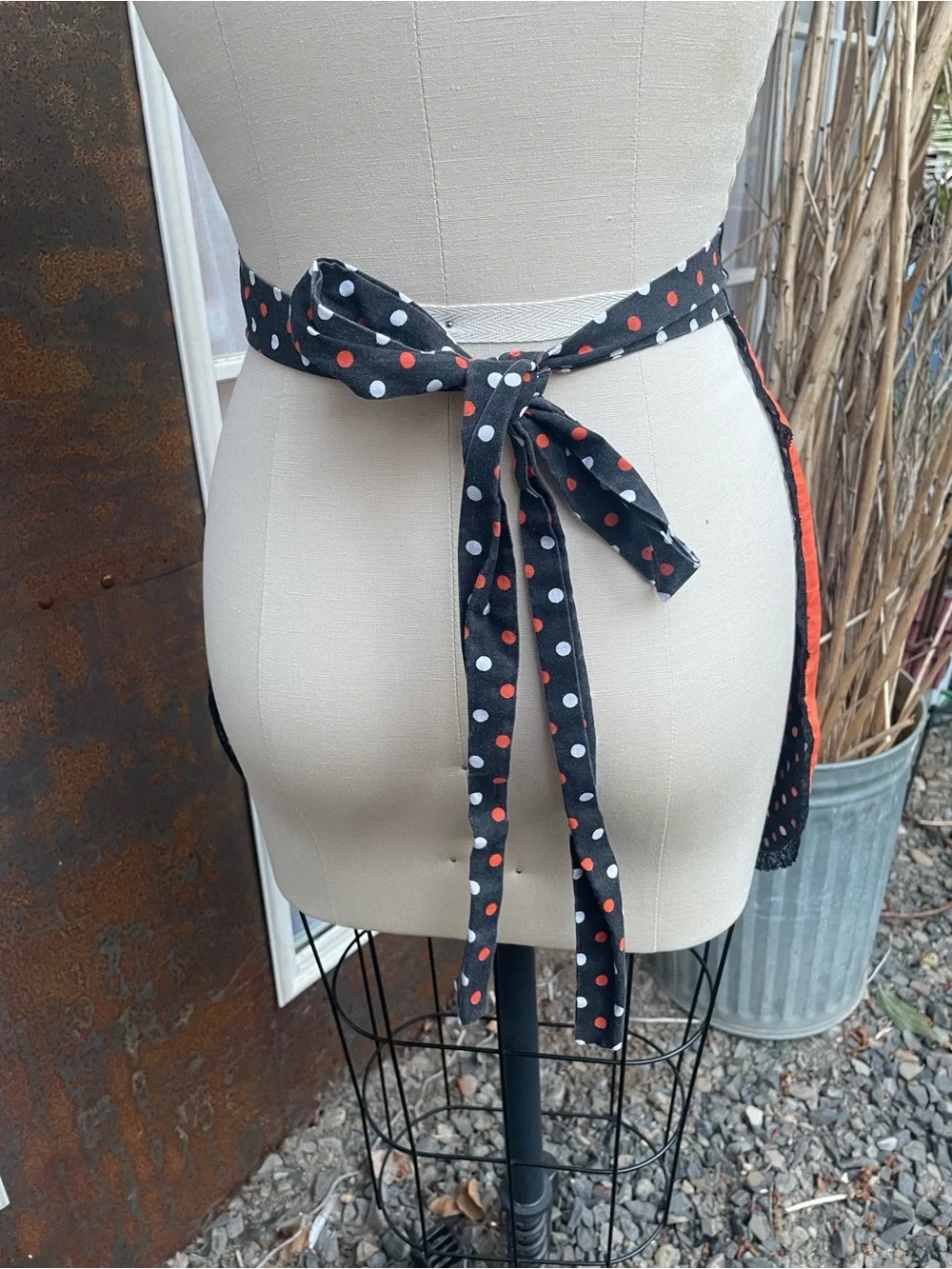 Vintage Orange and Black Polka Dot Half Apron - Kitchen Linen